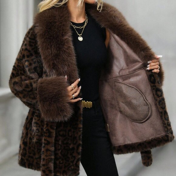 Coffee Brown Chic Women's Leopard Print Lapel Long Sleeve Faux Fur Jacket coat - Picture 4 of 9